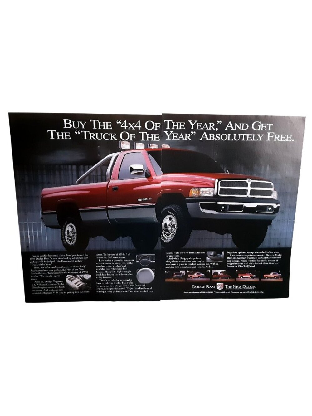 1994 Dodge Ram 1500 4x4 Pickup Truck 2 Page Vintage Print Ad V8 Cummins